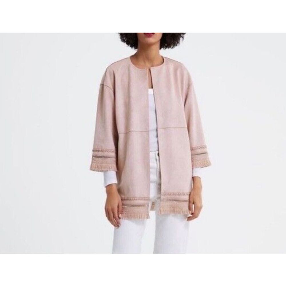 Zara Womens Dusty Pink Faux Suede Fringe Jacket Size XS
